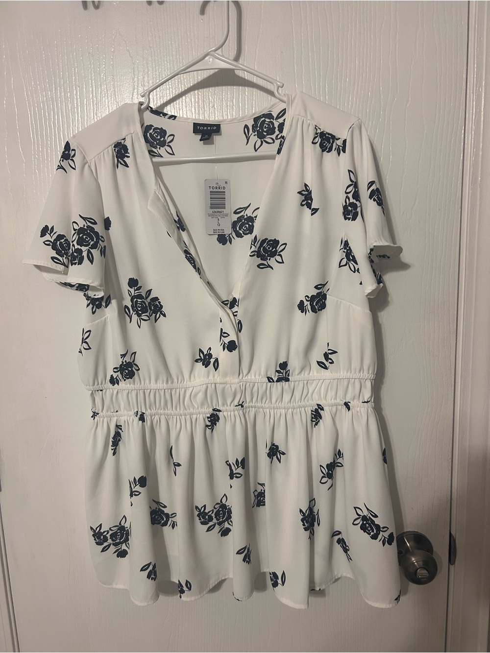 torrid White Blouse with Black Floral Print and Smocked Waist